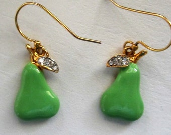 KJL Kenneth Lane Dangle Drop Earrings Green Enamel PEARS with Bling