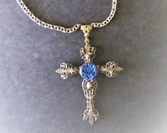 Large Ornate FILIGREE CROSS on Chain Blue Focal Point