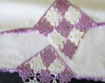 PAIR CROCHETED PILLOWCASES Vintage Purple & White Motiffs with Variegated Purple Edging