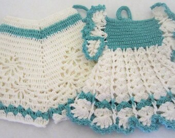 Turquoise & White Crocheted Potholder Pair