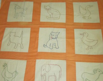 PRIMITIVE QUILT TOP with Embroidered Animals Blocks