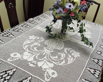 FILET CROCHET TABLECLOTH For Large Rectangle Table Vintage White