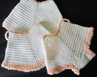 NOVELTY TRIO Crochet Potholders 1950s Peach and White Panties, Shorts, Skirt