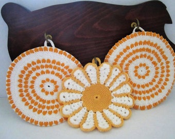 TRIO Gold & White Thread Crochet Pot Holders with Hanging Loops