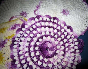 Thread Crocheted Potholders VINTAGE LOT of 4 Purple / White / Yellow