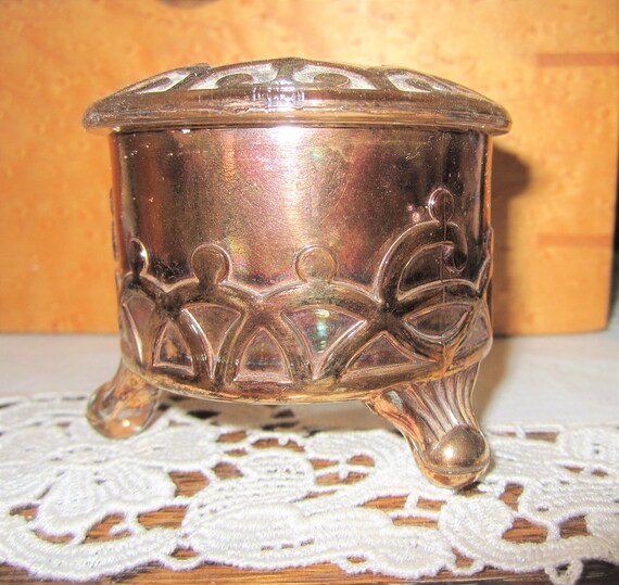 FOOTED TRINKET BOX Round Gold Flashed Very Vintag… - image 2