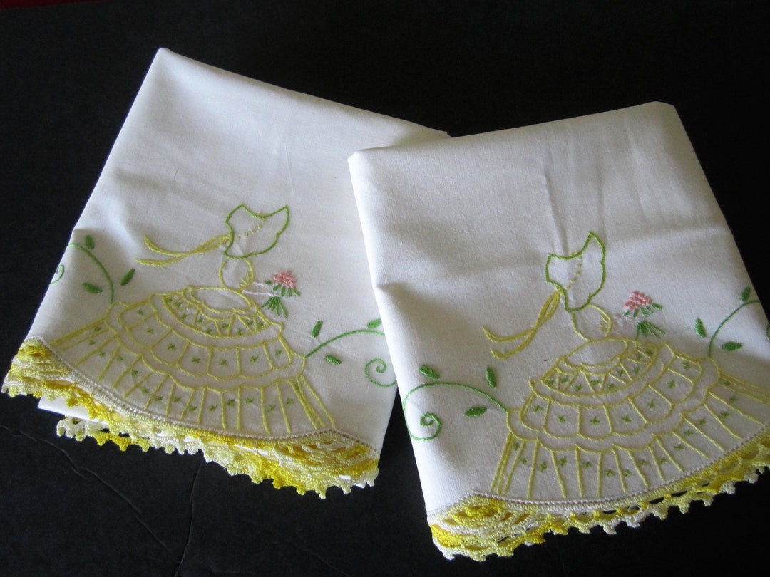 Embroidered Pillowcases With Thread Crochet Edging Etsy