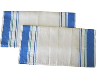 PAIR LINEN TOWELS Large and Unused Blue Green Stripes Kitchen Tea Towel