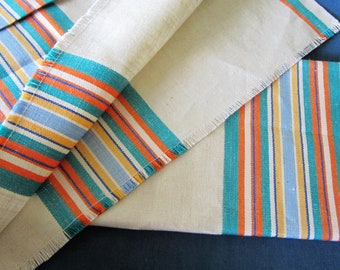 Pair Woven Linen Towels Multi-Color Stripes