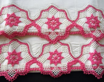 CROCHETED PILLOWCASES Pair with Bright Pink Crocheted Feature Vintage Pillow Slip Pillow Tubing