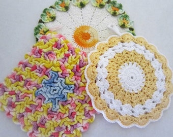 MULTI-COLOR TRIO Crocheted Potholders and Hot Pads