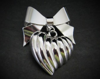 KJL Kenneth Jay Lane Heart Bow Brooch Pin & Convertible Necklace Pendant Vintage High Polished Silver Tone