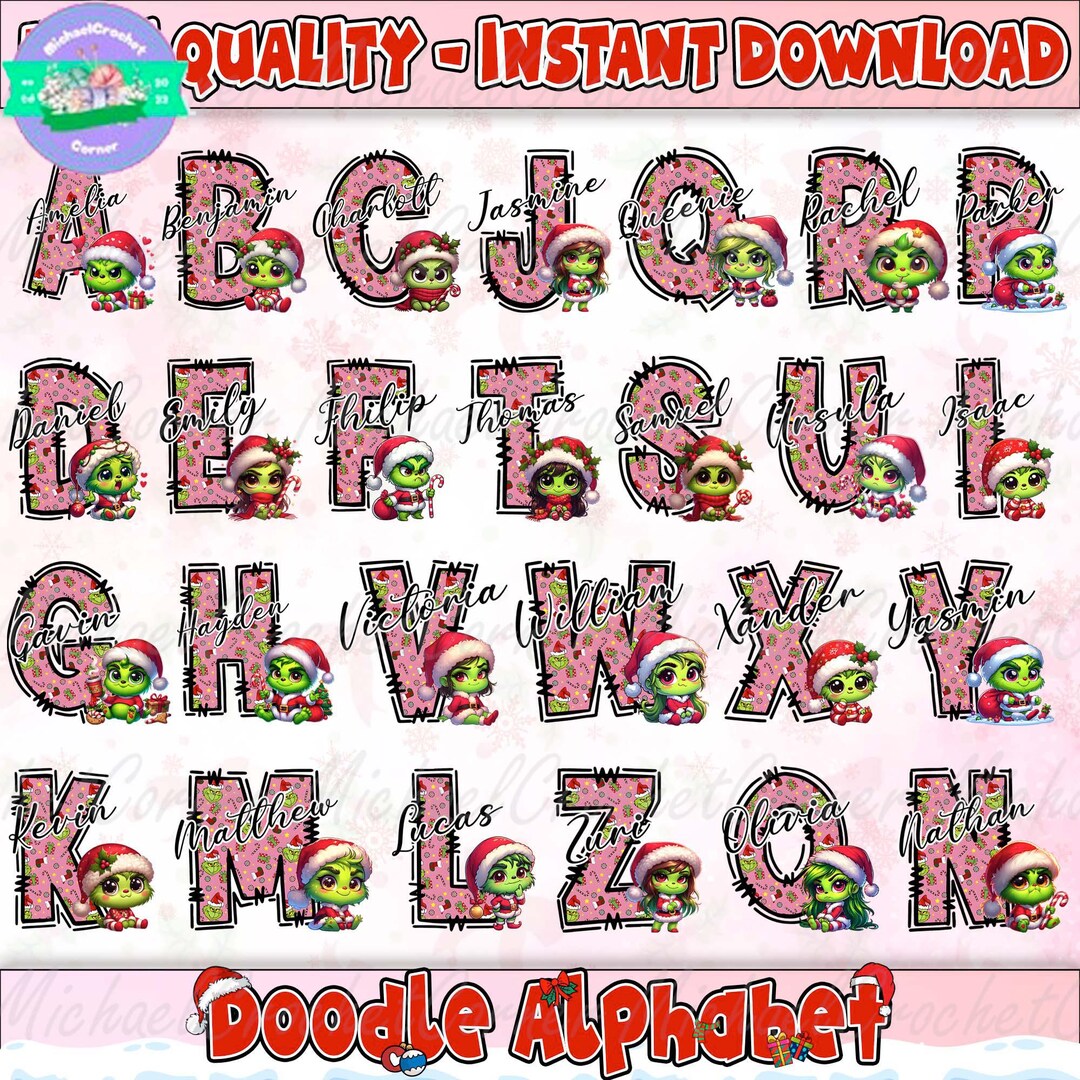 BUNDLE Christmas Doodle Letters Png, Uppercase Alphabet Set, Retro ...