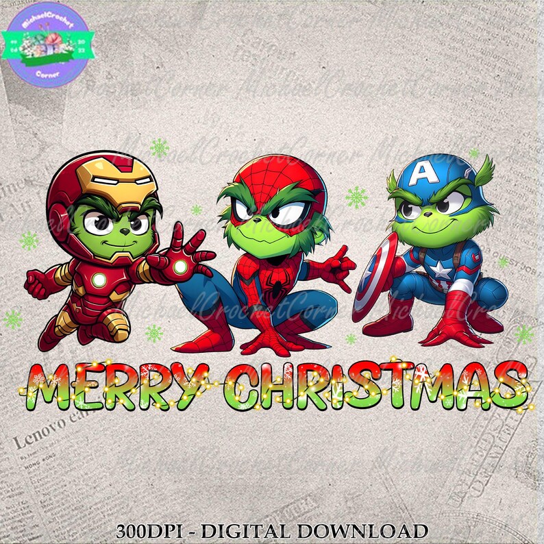 Superhero Christmas PNG Bundle, Superhero Green Mean Guys Png, Funny