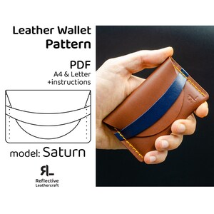 Patrón de billetera de titular de tarjeta de cuero minimalista en concepto de planeta Saturno delgado y elegante, plantilla PDF en tamaños A4 y carta de EE. UU.