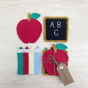 Teacher Coasters, Crochet PDF Pattern, Teacher Gift,  Crochet Apple, Crochet Pencils, Crochet Blackboard, Crochet Coasters
