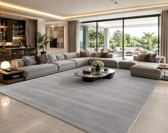 Tappeto in lana grigio chiaro trapuntato a mano, tappeto grigio tinta unita, tappeto morbido per pavimento, grande tappeto per soggiorno, arredamento moderno e minimalista per la casa.