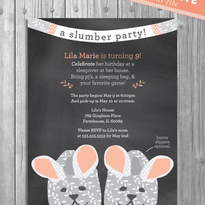 Slumber Party Bunny Birthday Invitation for Girl // Pajama Party // Sleepover Party // PJ Party Rustic Chalkboard // printable, custom