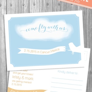 Mariage à destination / / Destination Save the Date / / Bon Voyage Save the Date / / carte postale / / avion / / numérique, Digital, fichier personnalisé