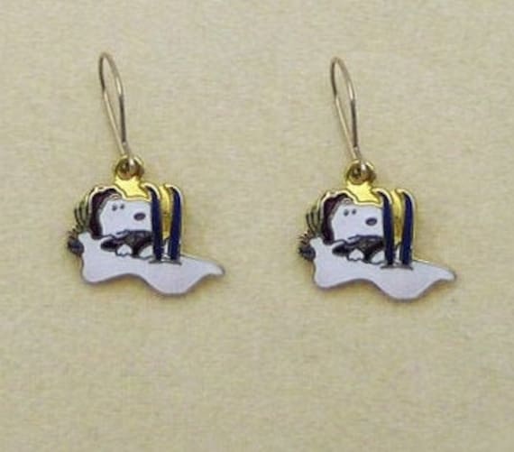 Aviva Vintage Snoopy Peanuts Skiing Earrings Enamel C… - Gem