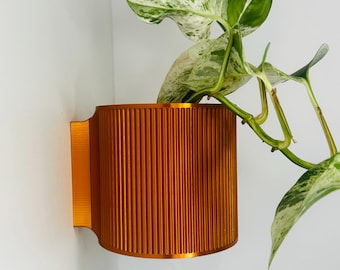 May include: A gold-coloured metal wall planter with a ribbed texture. A green plant with white variegation is growing in the planter.