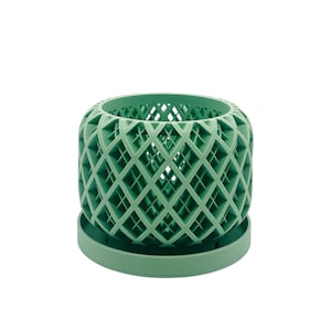 Puede incluir: Una maceta cilíndrica verde salvia con un diseño de celosía de diamantes. La maceta se asienta sobre una base redonda a juego. El diseño calado permite la circulación del aire y el drenaje, adecuado para plantas pequeñas.
