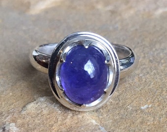 Sterling silver tanzanite ring, crown  set tanzanite cabochon ring size 8.5 ready to ship