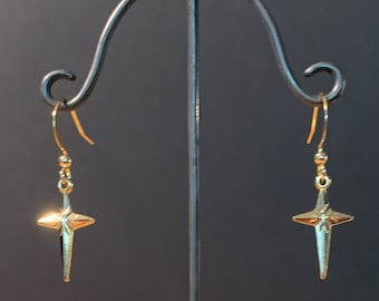 Little vintage dangle sparkling cross earrings, Small vintage 70’s earrings, gold plated dangle earrings