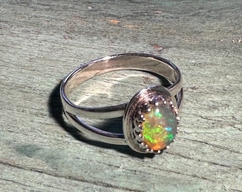 Little ornate sterling ring with oval Welo opal cabochon size 6 3/4 ready to ship