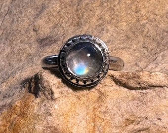 Little ornate sterling silver ring with round moonstone cabochon size 6 ready to ship