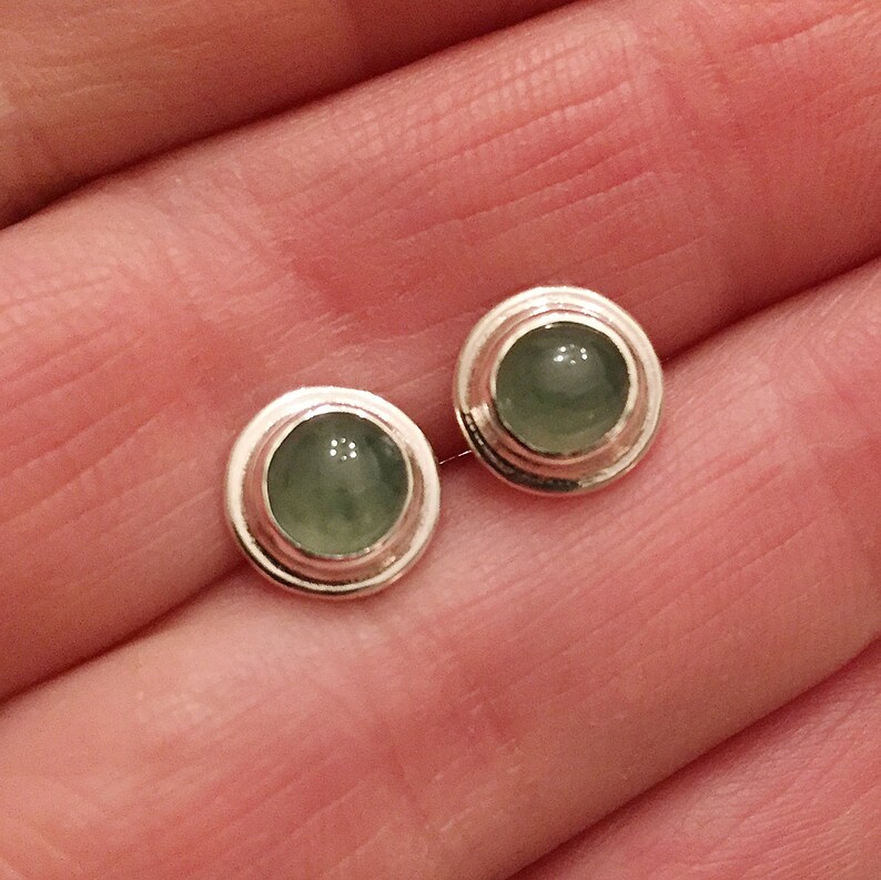 Little jade stud earrings sterling silver post earrings with moss green natural jade bezel set cabochons