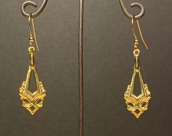 Boucles D'Oreilles Pendantes Bronze Plaqué Gravure Art Déco Ovale Noir - Style Années Folles - Neuf
