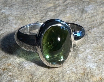 Simple sterling silver ring with large bezel set green tourmaline oval cabochon size 6 3/4 ready to ship