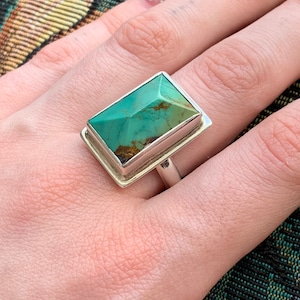 OOAK Faceted Turquoise Ring: Rectangular Sterling Silver Cabochon, Size 7 3/4