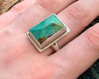 OOAK large faceted turquoise ring, sterling silver ring with rectangular faceted persian turquoise cabochon size 7 3/4 ready to ship