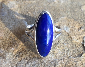 Elegant lapis lazuli long oval cabochon ring in sterling silver size 8 1/2 ready to ship