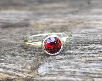 Silver garnet ring, Simple little sterling silver ring with round bezel set red garnet gemstone size 5.75 ready to ship