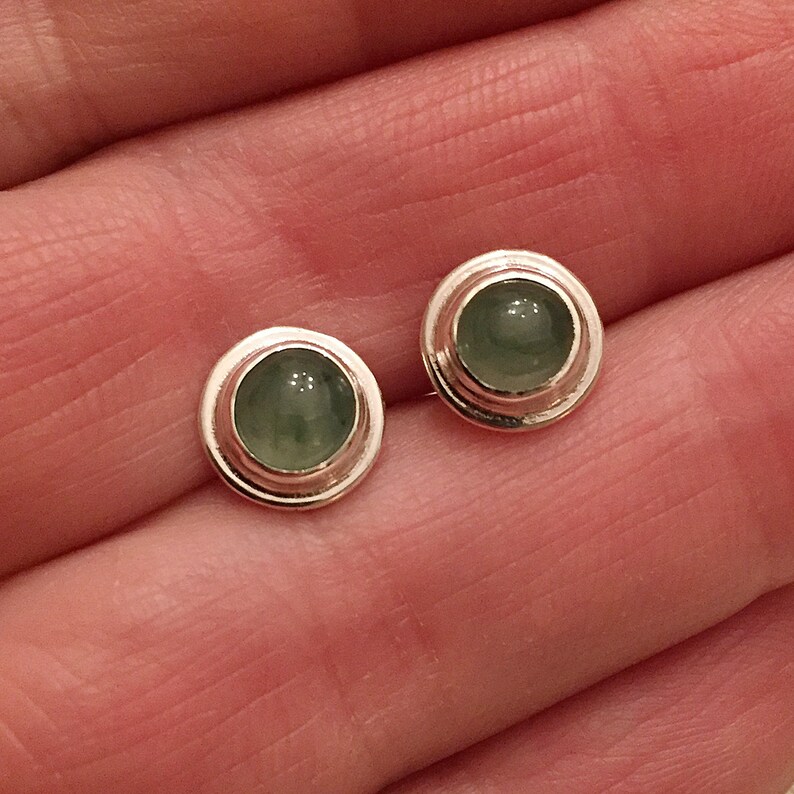 Little jade stud earrings sterling silver post earrings with moss green natural jade bezel set cabochons