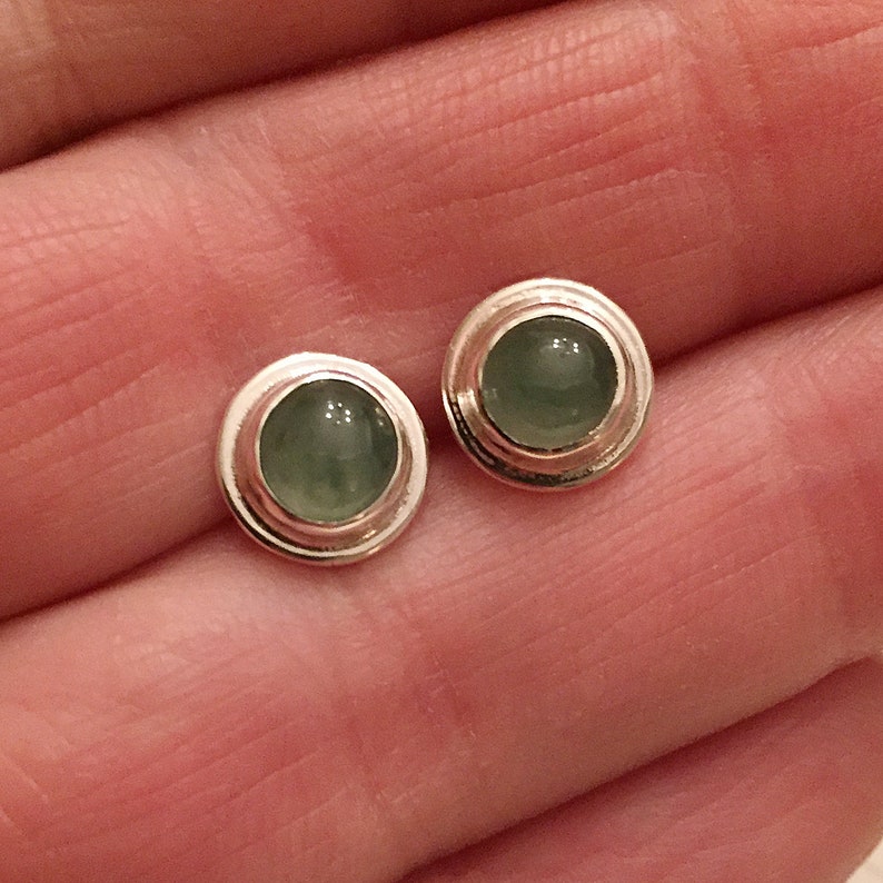 Little jade stud earrings sterling silver post earrings with moss green natural jade bezel set cabochons