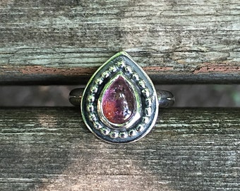 Pink tourmaline ring, oxydized silver ring with bezel set natural pink tourmaline cabochon, size 7 1/4 ready to ship