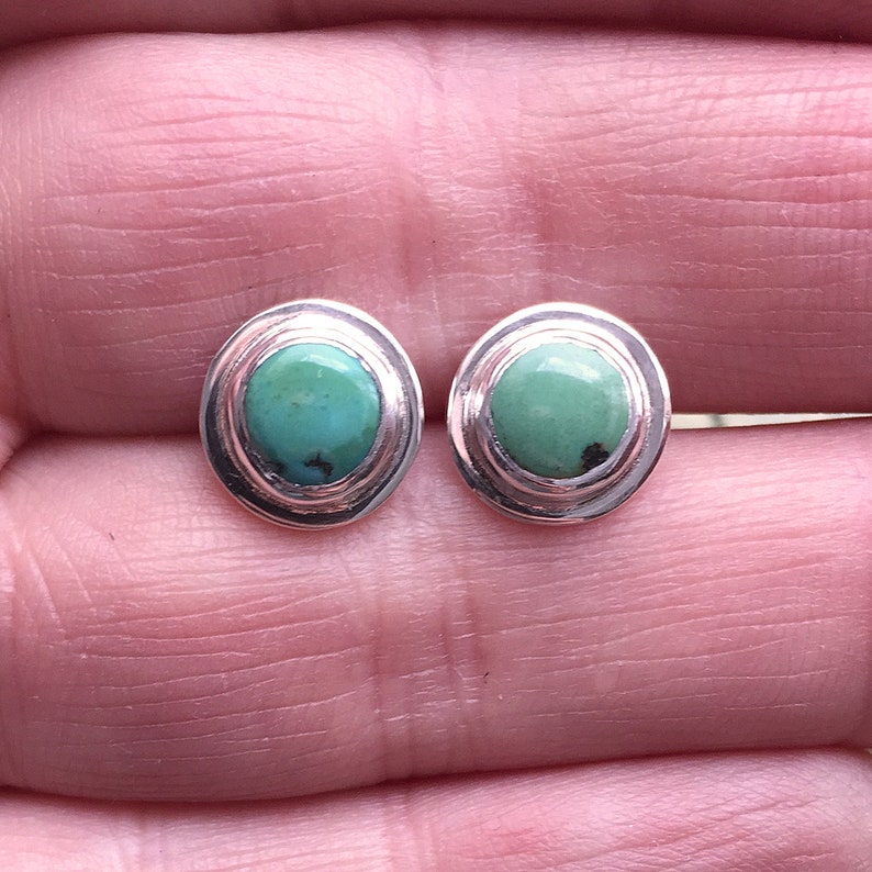 sterling silver post earrings with chinese turquoise bezel set cabochons Turquoise stud earrings