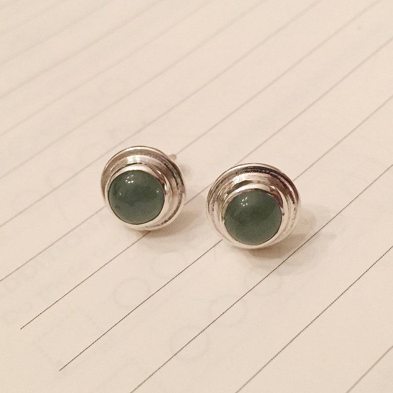 Little jade stud earrings sterling silver post earrings with moss green natural jade bezel set cabochons