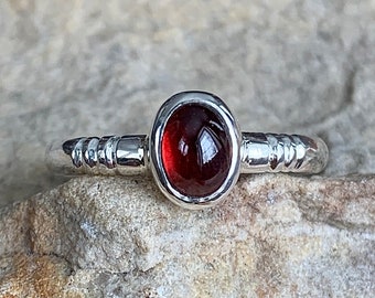 Silver garnet ring, Simple little sterling silver ring with oval bezel set red garnet cabochon size 8 1/4 ready to ship