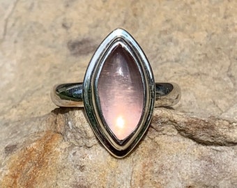 Elegant pink quartz marquise cabochon, bezel set in sterling silver size 6.75 ready to ship