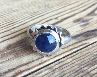 Silver sapphire sun ring. Round blue rosecut sapphire sterling silver ring size 6 1/4 ready to ship