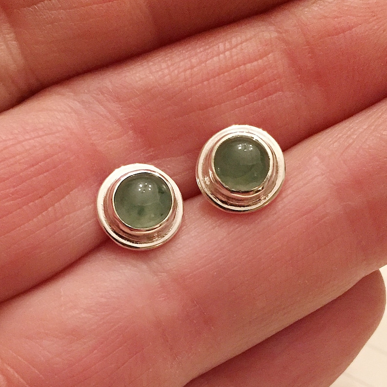 Little jade stud earrings sterling silver post earrings with moss green natural jade bezel set cabochons