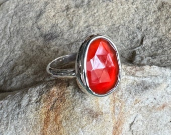 Sterling silver ring with burnt orange carnelian rosecut freeform cabochon size 8 3/4 ready to ship