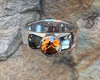 Silver zircon ring. Comfortable sterling silver ring with round bezel set amber coloured zircon gemstone size 7 ready to ship