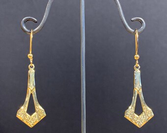 Light, ornate vintage dangle earrings, Long vintage 70’s earrings, gold plated dangle earrings