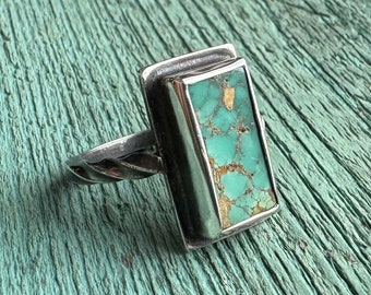 Rugged oxydized sterling silver with long rectangular persian turquoise cabochon ring size 7 3/4 ready to ship